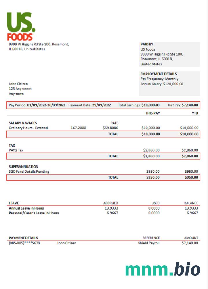 USA US Foods firma zajmująca się dystrybucją żywności pay stub
